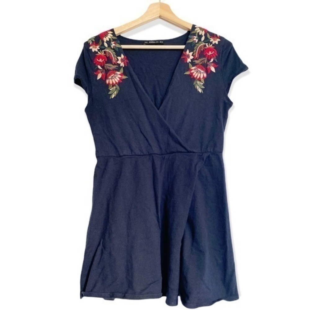 Zara Knit Navy Blue floral Evroidered mini Dress Small
